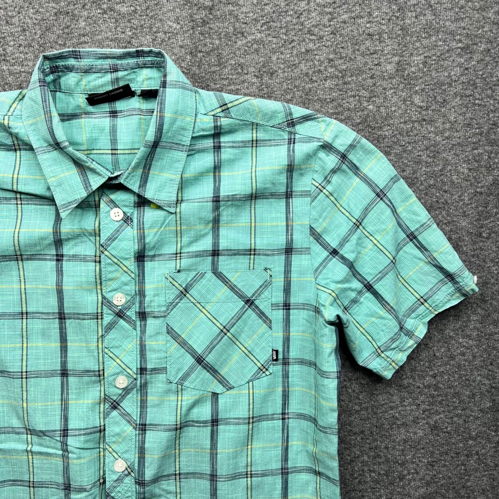 Vans Shirt Mens Small Turquoise Plaid Button Down Short Sleeve Cotton VN-ORTIPBL - Picture 8 of 15